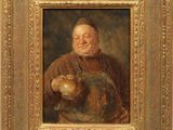 un vieux tableau représentant un homme tenant une pomme à la main