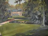un tableau représentant une maison au milieu d'un parc