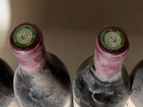bottles of wine are lined up in a row on a counter