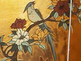 painting of a bird sitting on a branch of a tree with flowers
