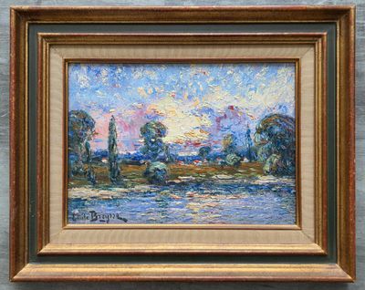 une peinture à l'huile représentant un coucher de soleil sur une rivière, avec des arbres au premier plan