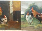 deux tableaux représentant des coqs et des poules dans une grange, avec une grange en arrière-plan