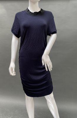 an image of a mannequin wearing a blue dress with a black collar
