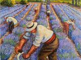 un tableau représentant des personnes travaillant dans un champ de lavande