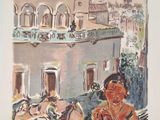 un tableau représentant une femme assise sur un banc devant un immeuble