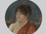 painting of a woman in a red dress in a round frame