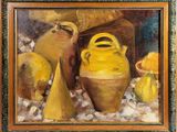 a painting of vases and fruit on a table