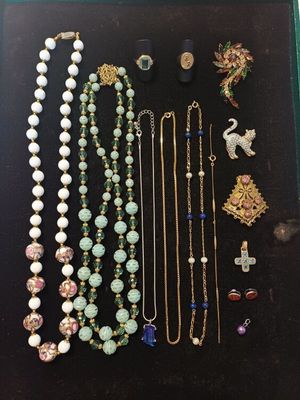 an assortment of necklaces and brooches are displayed in a display case