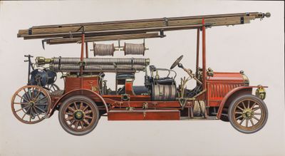 painting of an old fire truck with a ladder on top of it