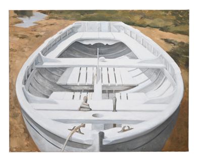 un tableau représentant un bateau posé sur la plage