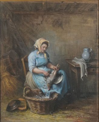 une image représentant un tableau où l'on voit une femme assise sur une chaise à côté d'un panier