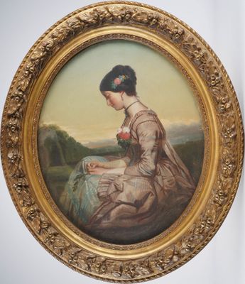 painting of a woman in a dress sitting on a rock