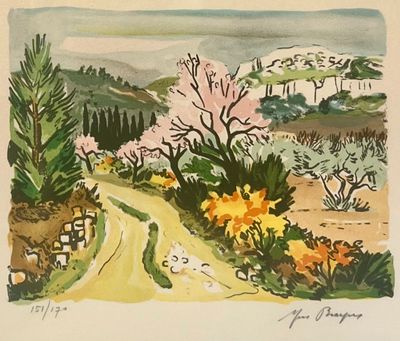 une aquarelle représentant une route de campagne bordée d'arbres et de fleurs