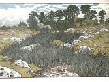 a picture of a painting of a man walking in a field