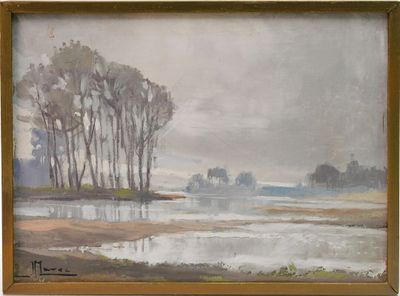 an oil painting of a landscape with trees and a body of water in the foreground
