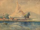 painting of a view of a mountain with a body of water in the foreground