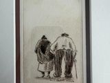 drawing of a man and a woman holding hands in front of a white wall