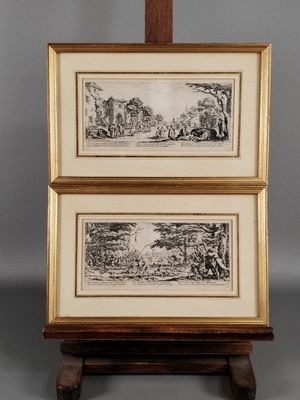 deux reproductions encadrées représentant un paysage avec un homme et une femme