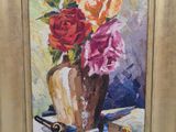 a painting of flowers in a vase on a table