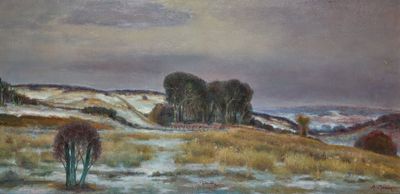 une peinture à l'huile représentant un paysage enneigé avec des arbres au loin