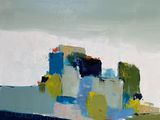 an abstract painting of a boat in a body of water