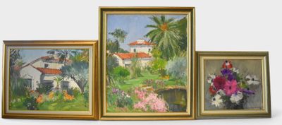 three framed paintings of a house and a garden in a gold frame
