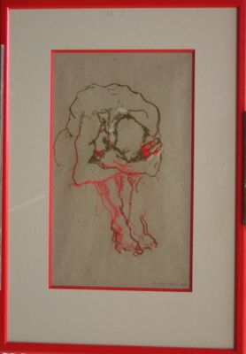 painting of a woman in a red frame on a white wall