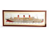 a framed picture of a large ship on display in a wooden frame