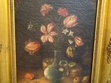 an oil painting of flowers in a vase on a table
