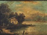 une image d'un tableau représentant une maison au bord de l'eau