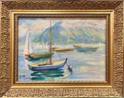 a painting of boats on the water with mountains in the background