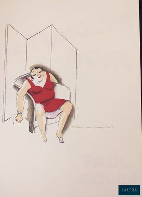 a drawing of a woman in a red dress sitting on a chair