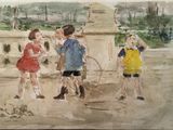 a watercolor painting of a group of children playing