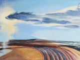 une peinture à l'huile représentant un champ d'où émerge une locomotive à vapeur