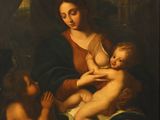 a painting of a woman holding a baby and two children