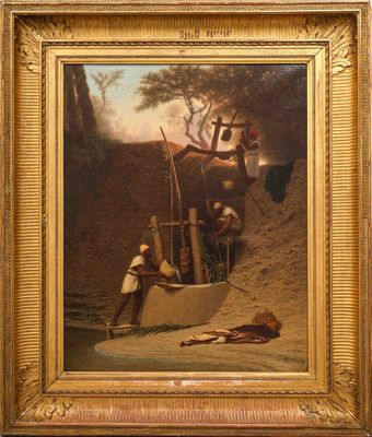 une image représentant un tableau où l'on voit des hommes travaillant sur un bateau sur une rivière