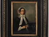 un vieux tableau représentant une femme en robe noire avec un foulard blanc