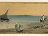 a painting of a group of people riding horses on the beach