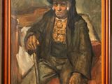 painting of an old man sitting in a chair with a cane