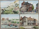 quatre aquarelles représentant des bâtiments et des bateaux, réalisées sur un support en bois