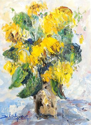 tableau représentant des tournesols dans un vase posé sur une table