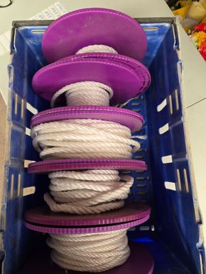 une corde violette et blanche dans un récipient en plastique muni de couvercles violets