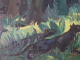 a painting of a black bear in the woods
