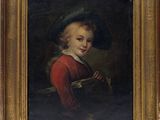 portrait d'un jeune garçon vêtu d'un manteau rouge et d'un bonnet bleu