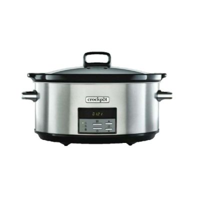 a close up of a slow cooker on a white background
