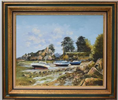 a painting of two boats on the shore by the water