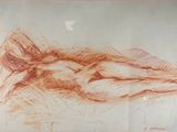 dessin représentant une femme nue allongée sur un lit dans une chambre