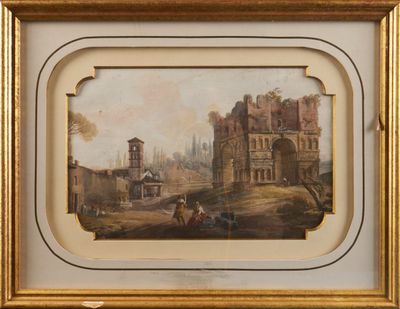 an old picture of a painting of a castle in a gold frame
