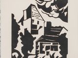 an image of a black and white drawing of a house in the woods