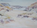 une aquarelle représentant un paysage désertique parsemé de rochers